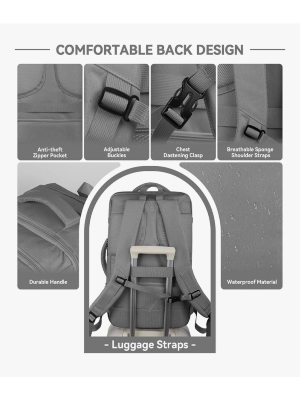 60L Extra Large Travel Laptop Backpack Expandable Carry On Waterproof Grey - Picture 3 of 5